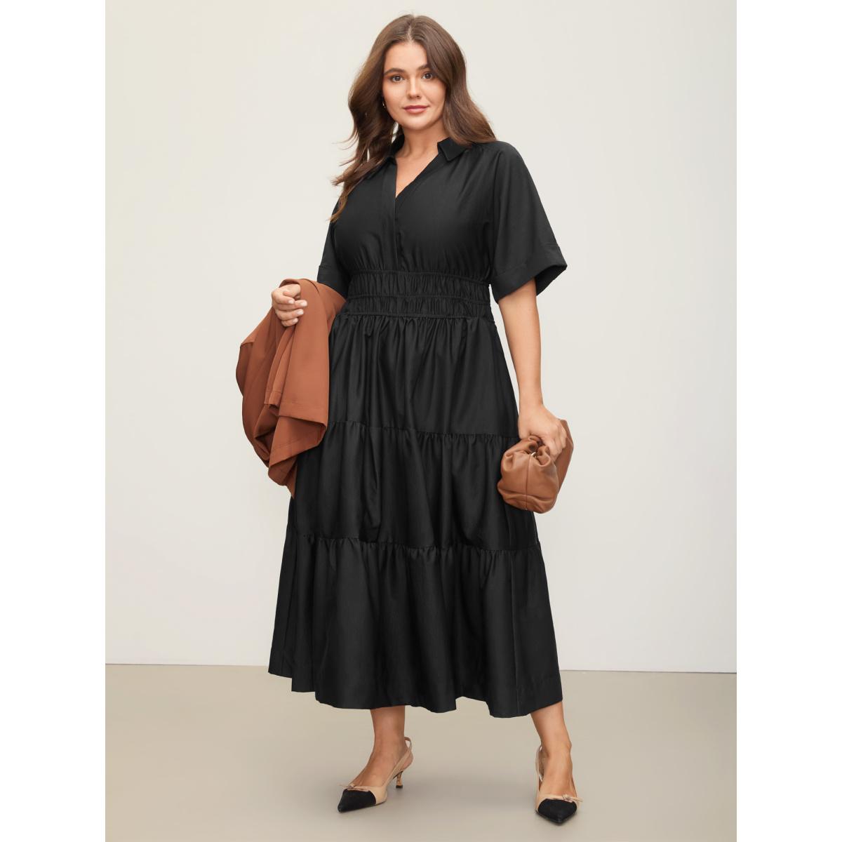 Plus Size Midfield Tiered Midi Shirt Dress Black Women Office Gathered Shirt collar Short sleeve Curvy BloomChic 30/6X Product Image