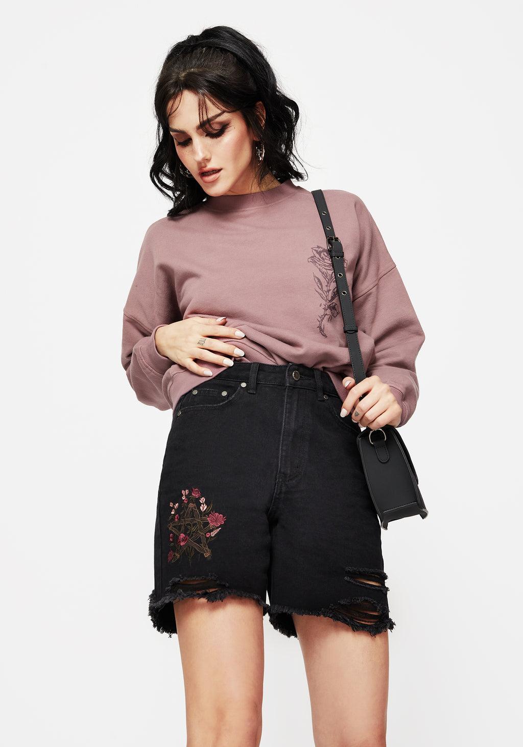 Aster Floral Embroidered Mid Length Denim Shorts Product Image