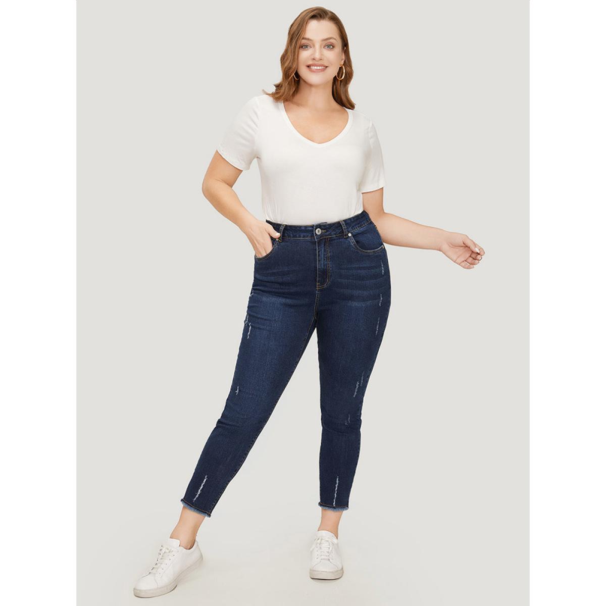 Plus Size Straight Leg Very Stretchy Raw Hem Jeans Women DarkBlue Casual Plain High stretch Pocket Jeans BloomChic 10/M Product Image