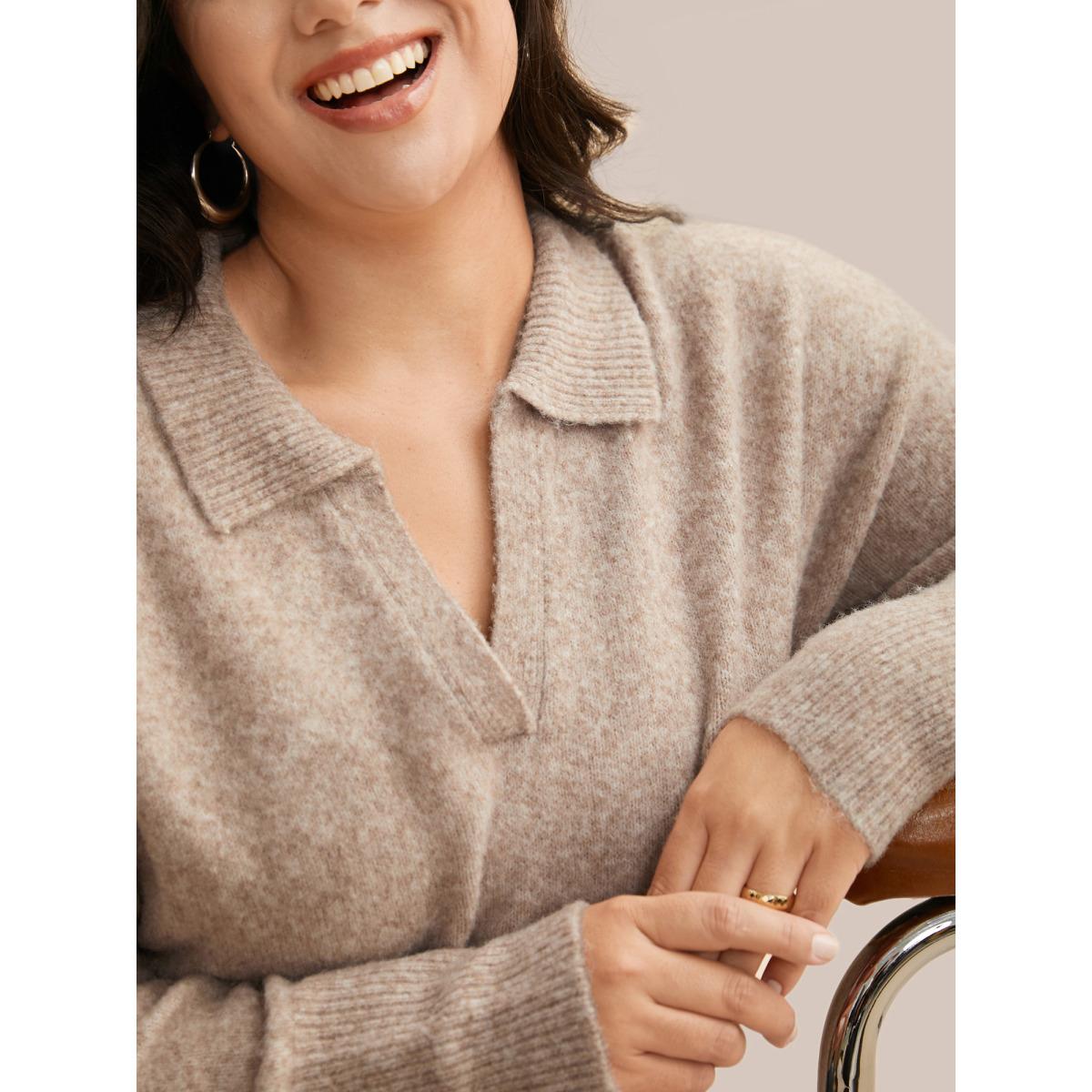 Plus Size Airy Cozy Polo Collar Wool Pullover Apricot Women Casual Loose Long Sleeve Polo Everyday Pullovers BloomChic 30/6X Product Image