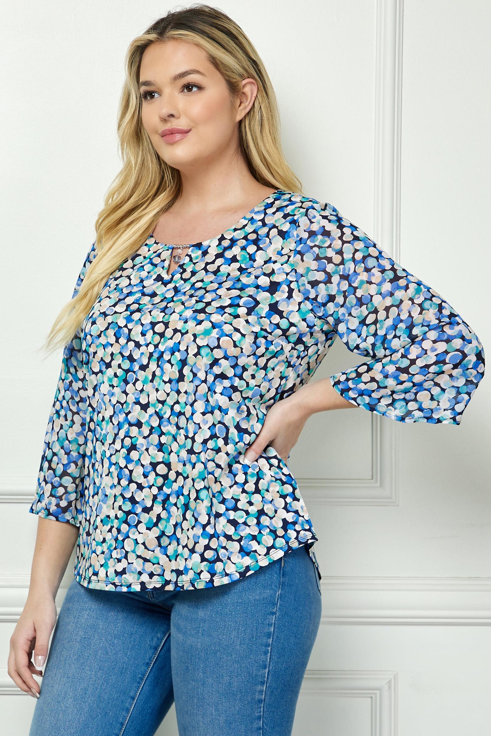 Blue 3/4 Bell Sleeve Cutout Keyhole Trim Front Neck Mix Media Blouse - Plus Product Image