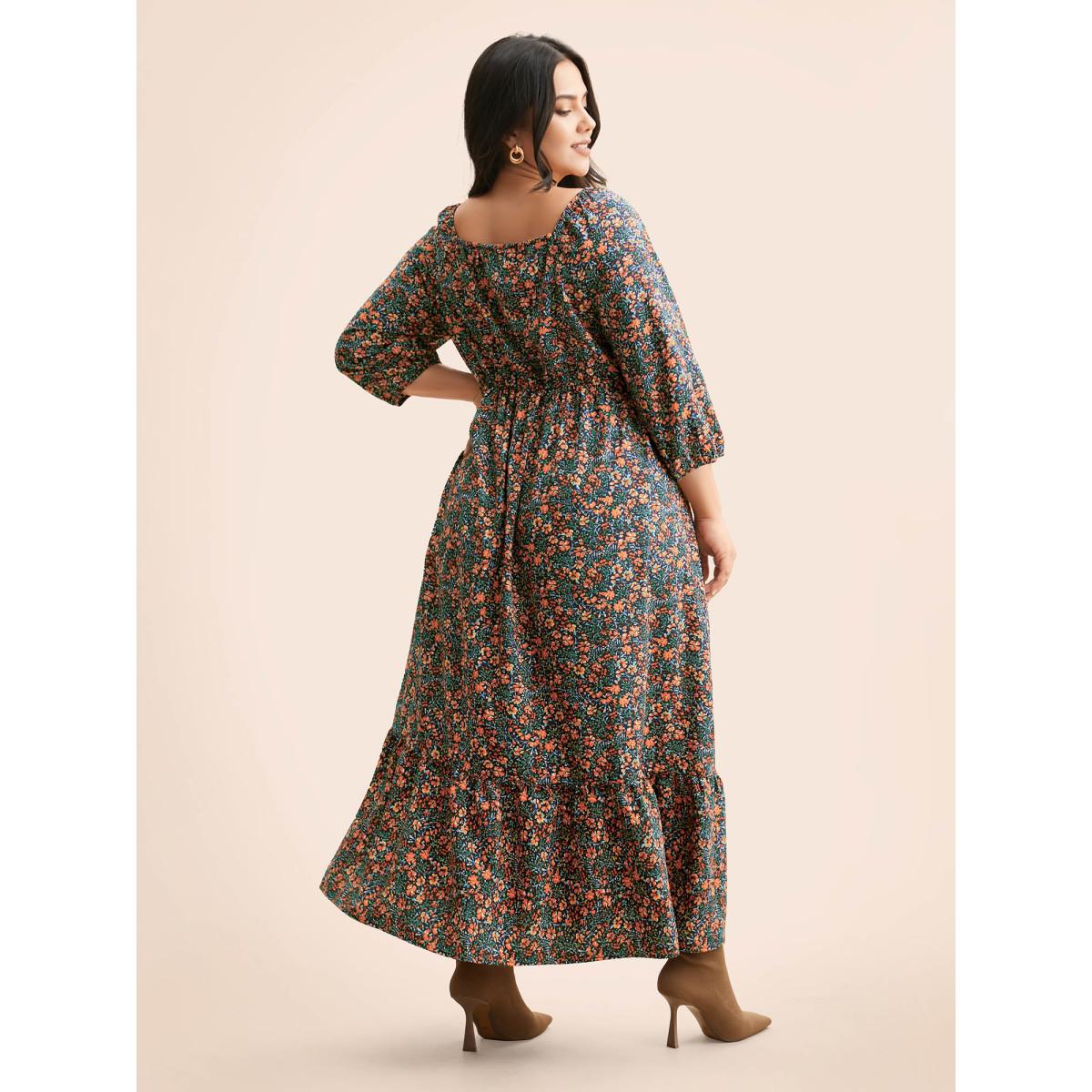 Plus Size Ditsy Floral Woven Ribbon Maxi Dress Brightorange Women Elegant Woven ribbon&lace trim Heart neckline Elbow-length sleeve Curvy BloomChic 26/4X Product Image