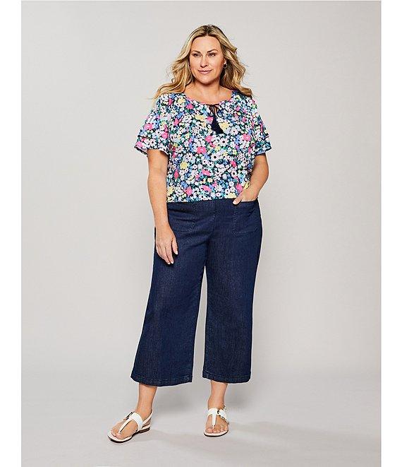 Allison Daley Plus Size Stretch Denim Elastic Waist Pull-On Wide Leg Crop Pants Product Image