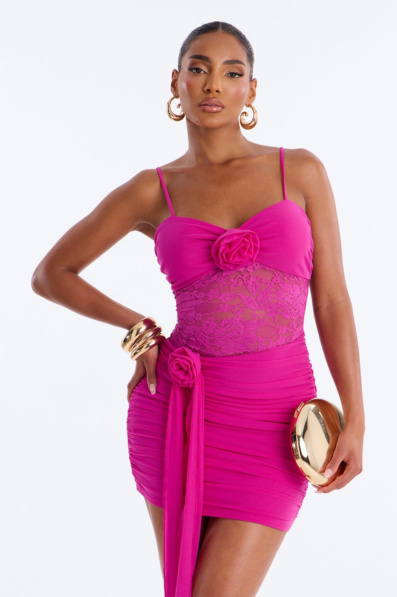 Madison Lace Cut Out Mesh Mini Dress - Fuchsia Female Product Image