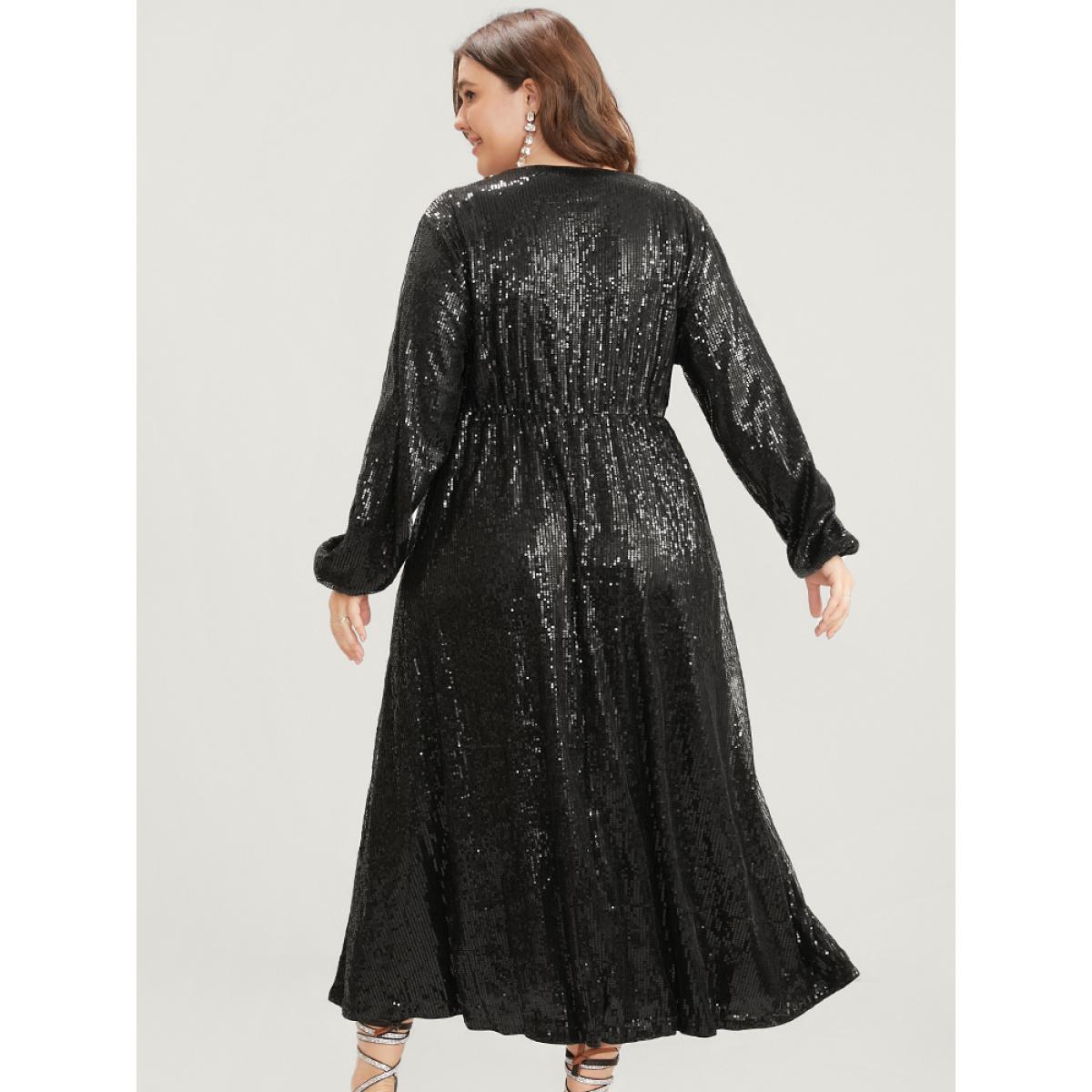 Plus Size Solid Lantern Sleeve Pocket Wrap Sequin Maxi Dress Black Women Party Elastic Waist V-neck Long Sleeve Curvy Long Dress BloomChic 14-16/1X Product Image