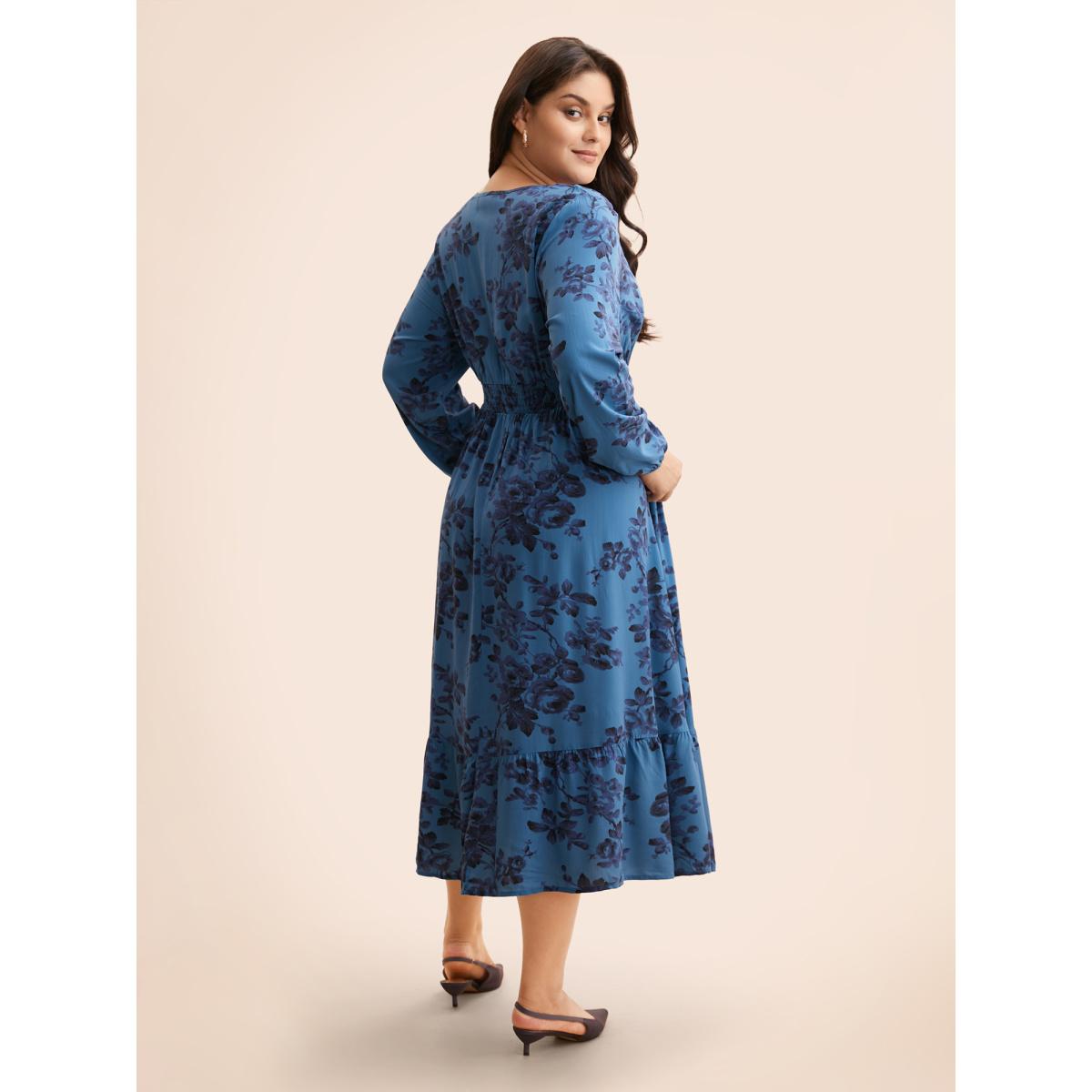 Plus Size Floral Wrap Lantern Sleeve Pocket Shirred Ruffle Hem Dress Indigo Women Elegant Pocket V-neck Long Sleeve Curvy Midi Dress BloomChic 14-16/1X Product Image