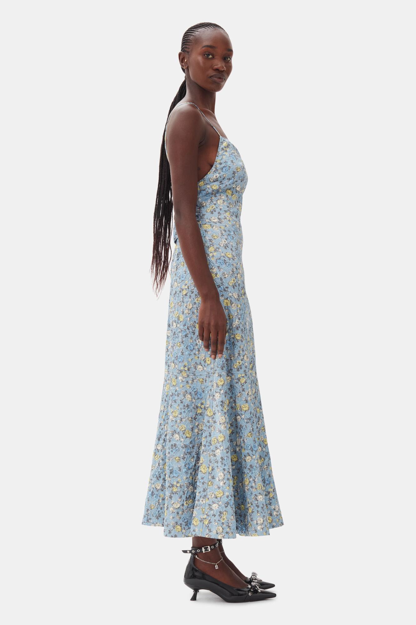Blue Floral Crinkled Satin Long Dress Product Image
