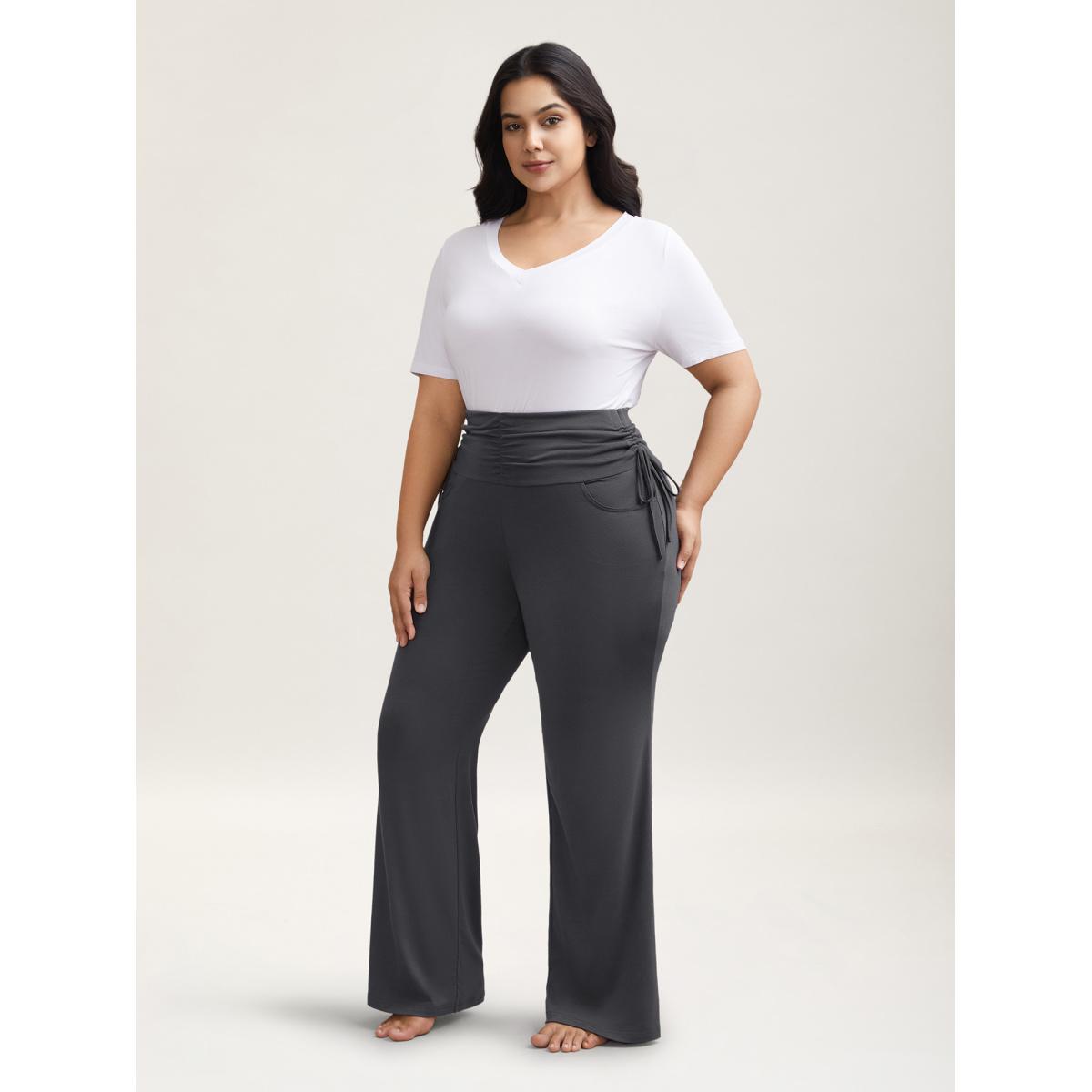 Plus Size Ruched Drawstring Midi-Waist Tight Pants Women DimGray Elegant High stretch Bootcut Mid Rise Everyday Leggings BloomChic 26/4X Product Image