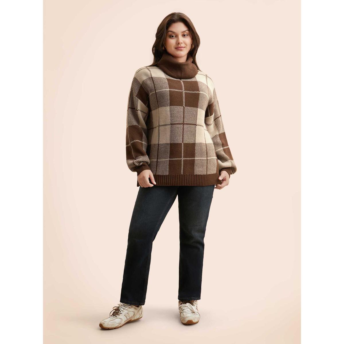 Plus Size Plaid Turtleneck Drop Shoulder Pullover Browncoffeecolor Women Leisure Loose Long Sleeve Turtleneck Casual Pullovers BloomChic 18-20/2X Product Image