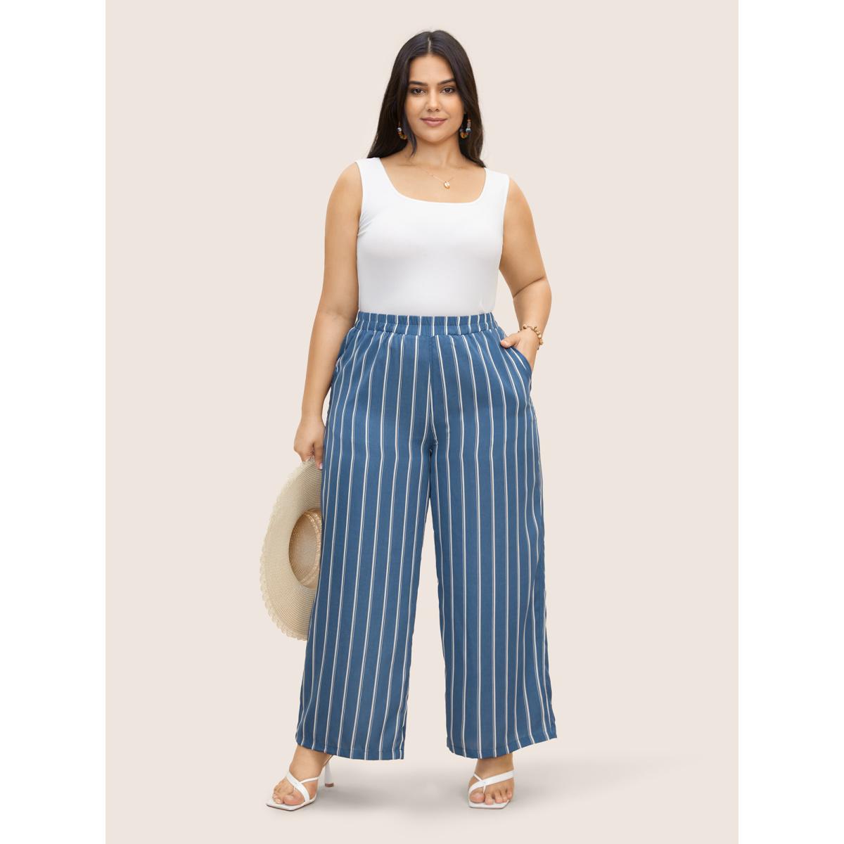 Plus Size Striped Elastic Waist Wide Leg Pants Women Cerulean Resort Loose Mid Rise Vacation Pants BloomChic 18-20/2X Product Image