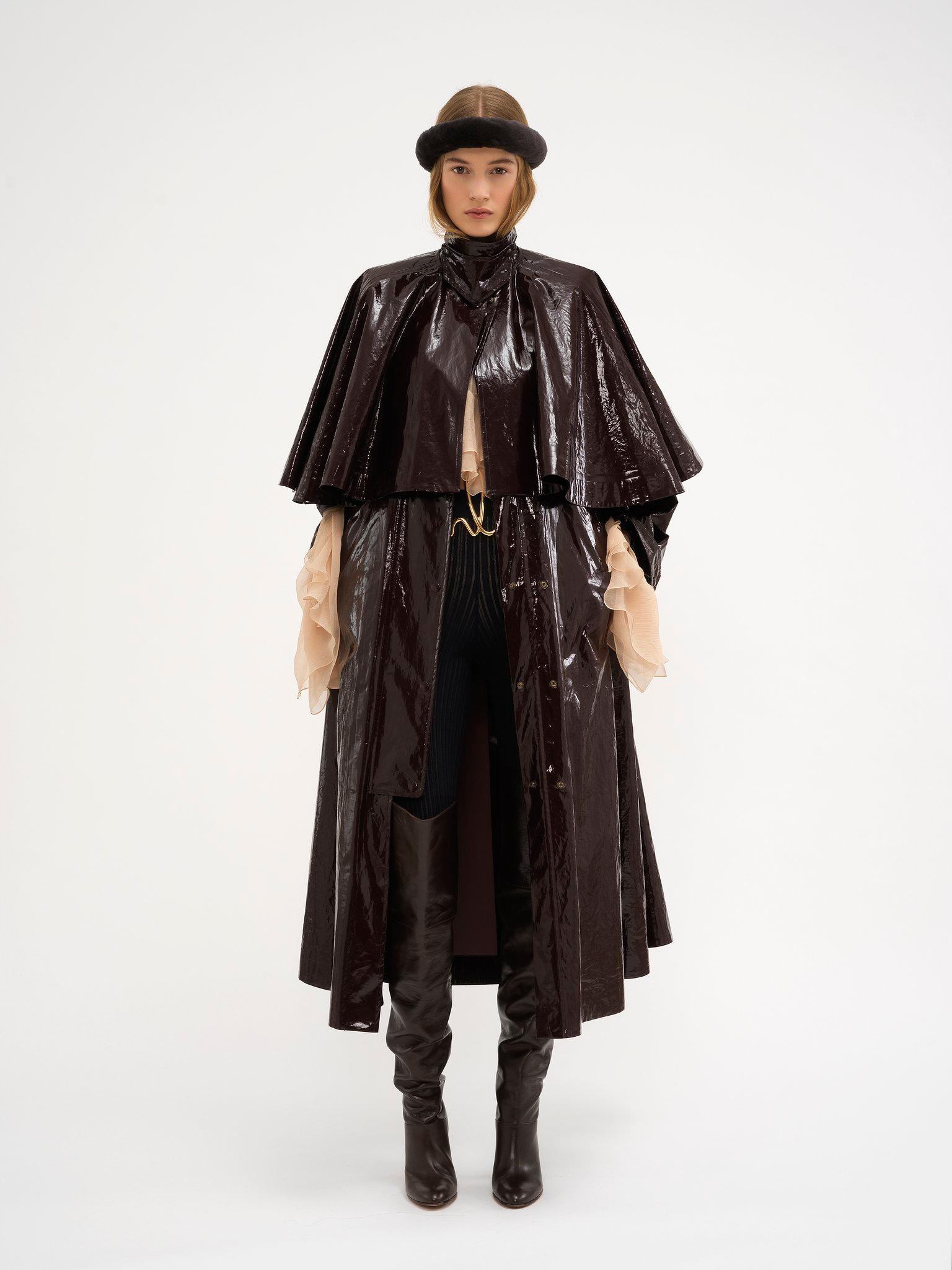 Oversized long parka in shiny cotton with cape Product Image