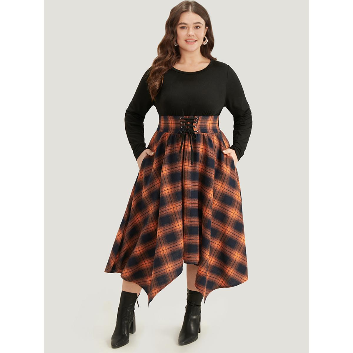 Plus Size Halloween Plaid Lace Up Pocket Asymmetrical Hem Dress Orange Women Casual Cross straps Round Neck Long Sleeve Curvy Midi Dress BloomChic 12/L Product Image