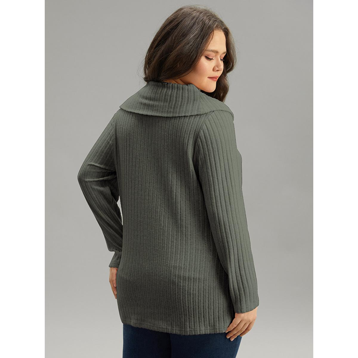 Plus Size Plain Rib Knit Cowl Neck T-Shirt Green Women Leisure Texture Plain Ruffled collar Casual T-shirts BloomChic 18-20/2X Product Image