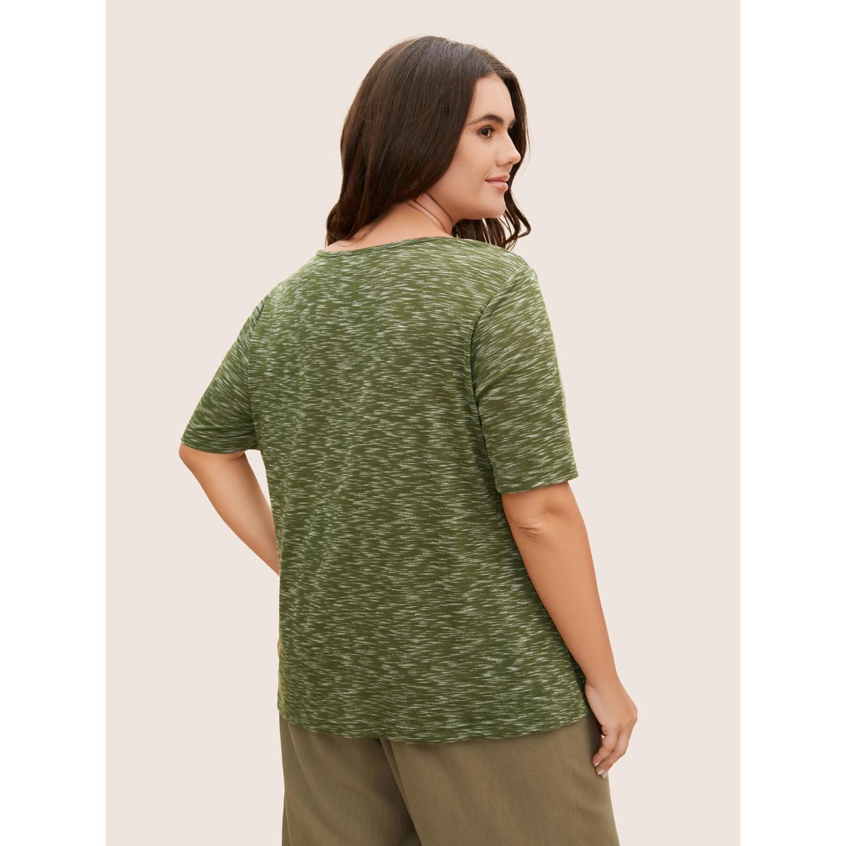 Plus Size Round Neck Heather Pleated Button Detail T-shirt Moss Women Casual Button Plain Round Neck Everyday T-shirts BloomChic 12/L Product Image