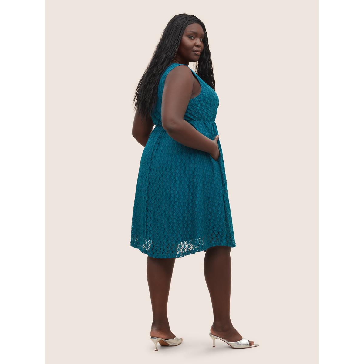 Plus Size Textured Notched Button Detail Sleeveless Dress Cerulean Women At the Office Non Notched collar Sleeveless Curvy Midi Dress BloomChic 30/6X Product Image