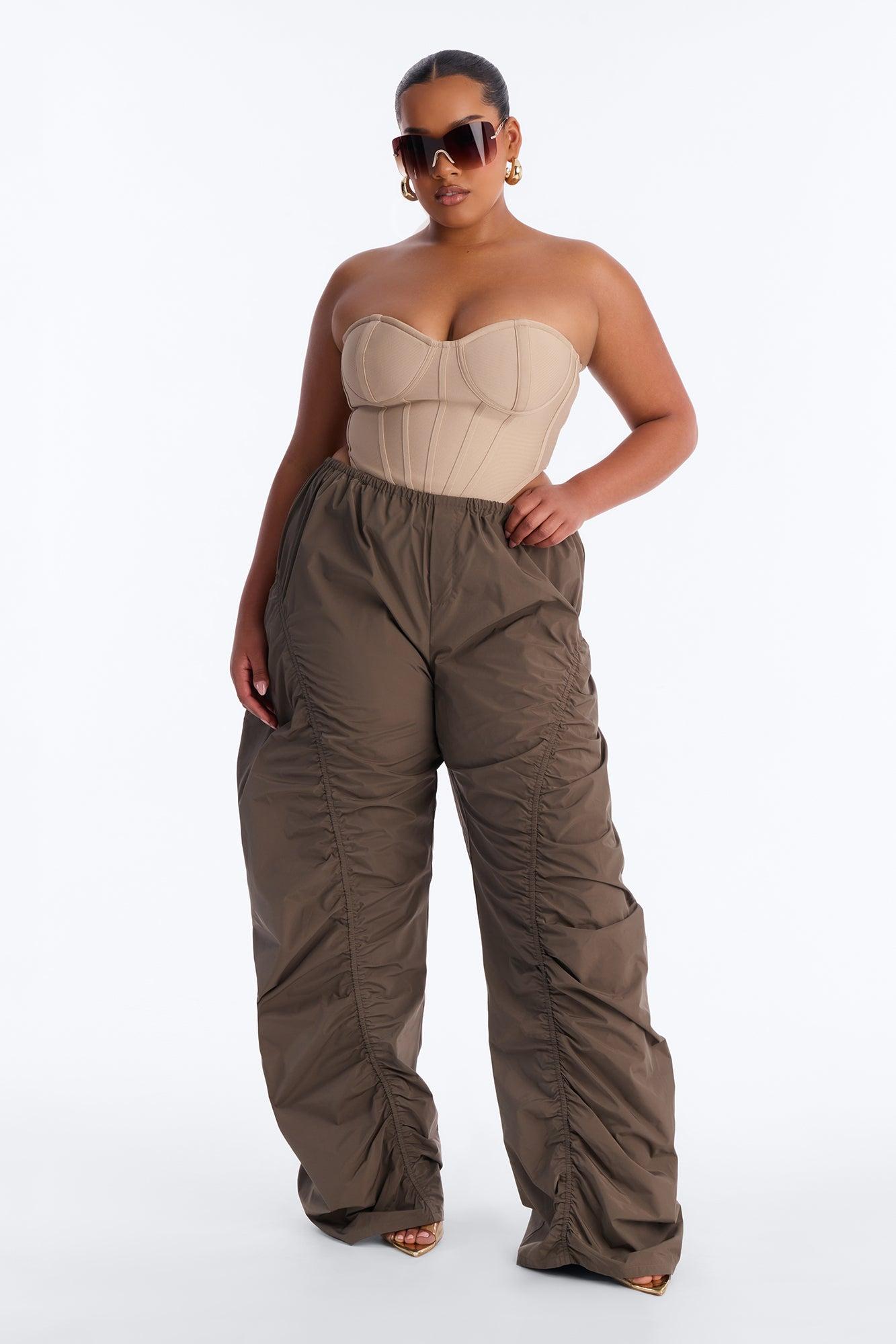 Ariana Low Rise Ruched Stacked Nylon Pant 33″ - Olive Female Product Image
