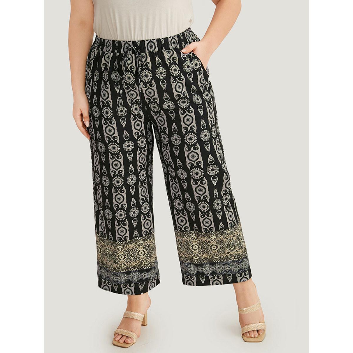 Plus Size Boho Print Straight leg Pants Women Black Vacation Straight Leg High Rise Dailywear Pants BloomChic 18-20/2X Product Image