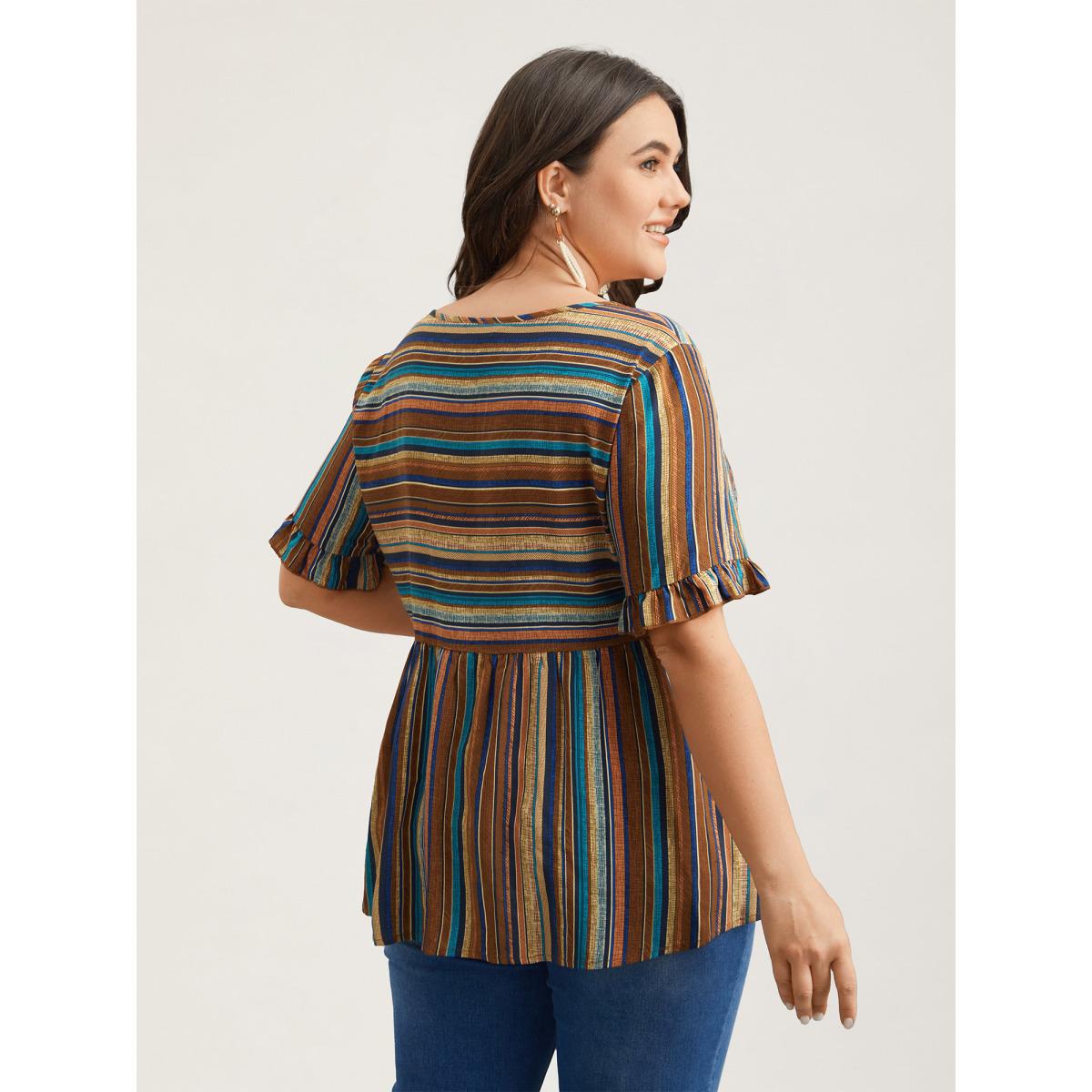 Plus Size Multicolor Striped V-Neck Peplum Shirt Women Boho Short sleeve V-neck Vacation Blouses BloomChic 26/4X Product Image