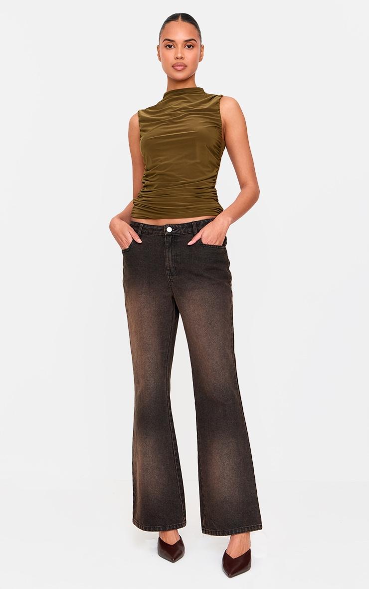 Olive Double Layer Slinky Ruched Detail Long Top Product Image