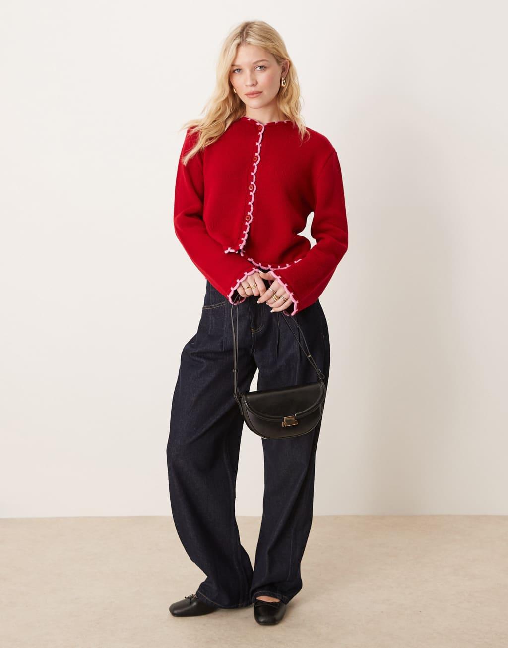 Miss Selfridge blanket stitch knit cardigan in red Product Image