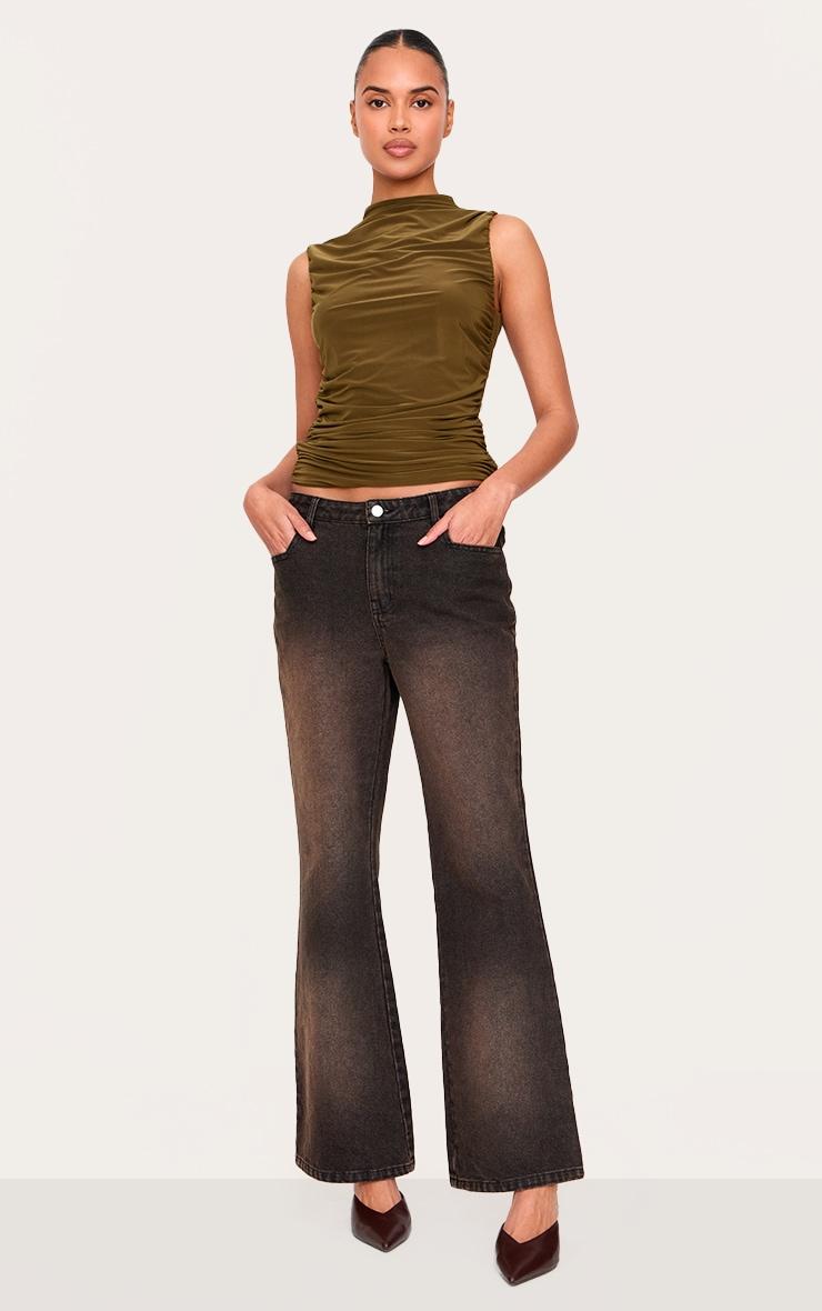 Olive Double Layer Slinky Ruched Detail Long Top Product Image