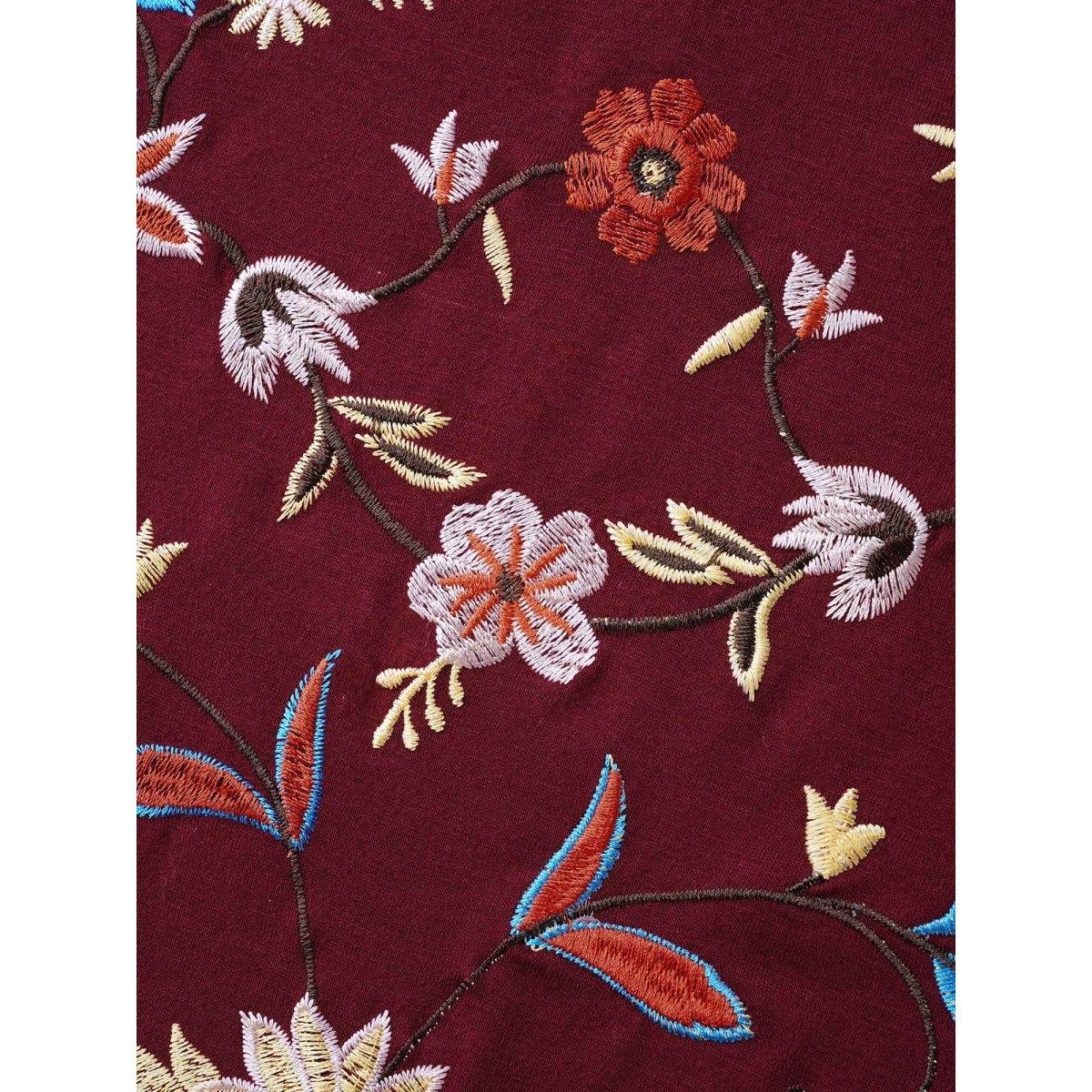 Plus Size Floral Embroidery Gathered Lantern Sleeve T-shirt Scarlet Women Elegant Gathered Natural Flowers Boat Neck Everyday T-shirts BloomChic 10/M Product Image