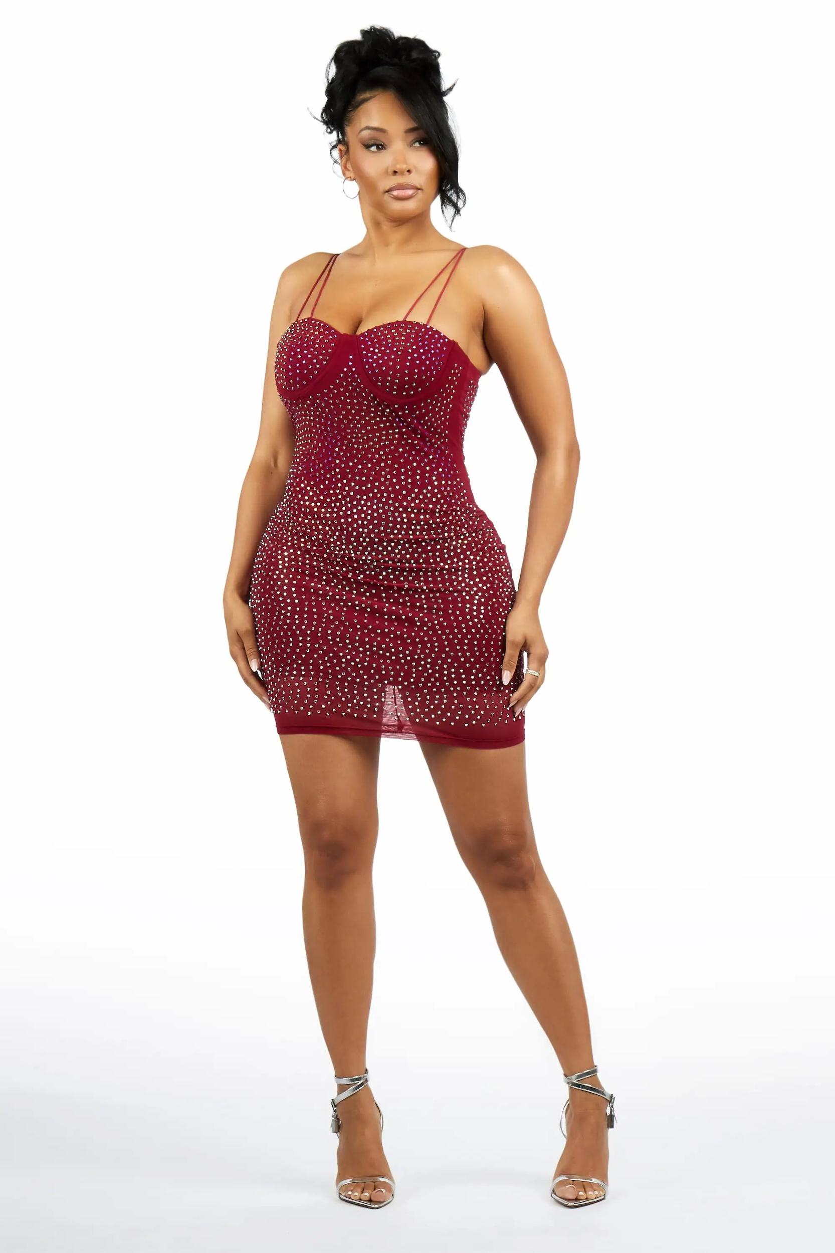 Body-Conned Wine Rhinestone Dress Female Product Image