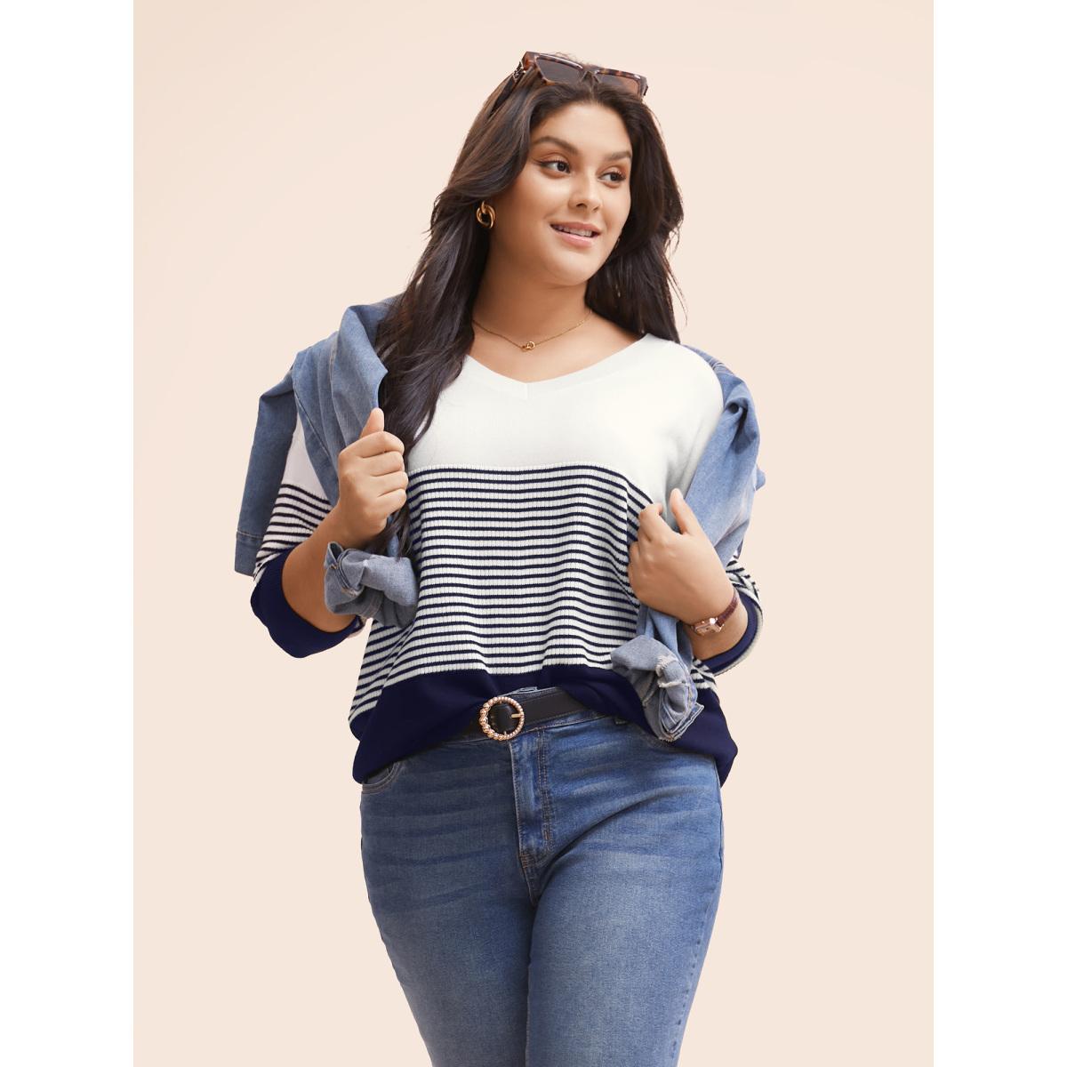 Plus Size Supersoft Essentials Striped Contrast Pullover Midnight Women Workwear Essentials Long Sleeve V-neck Work Pullovers BloomChic 10/M Product Image