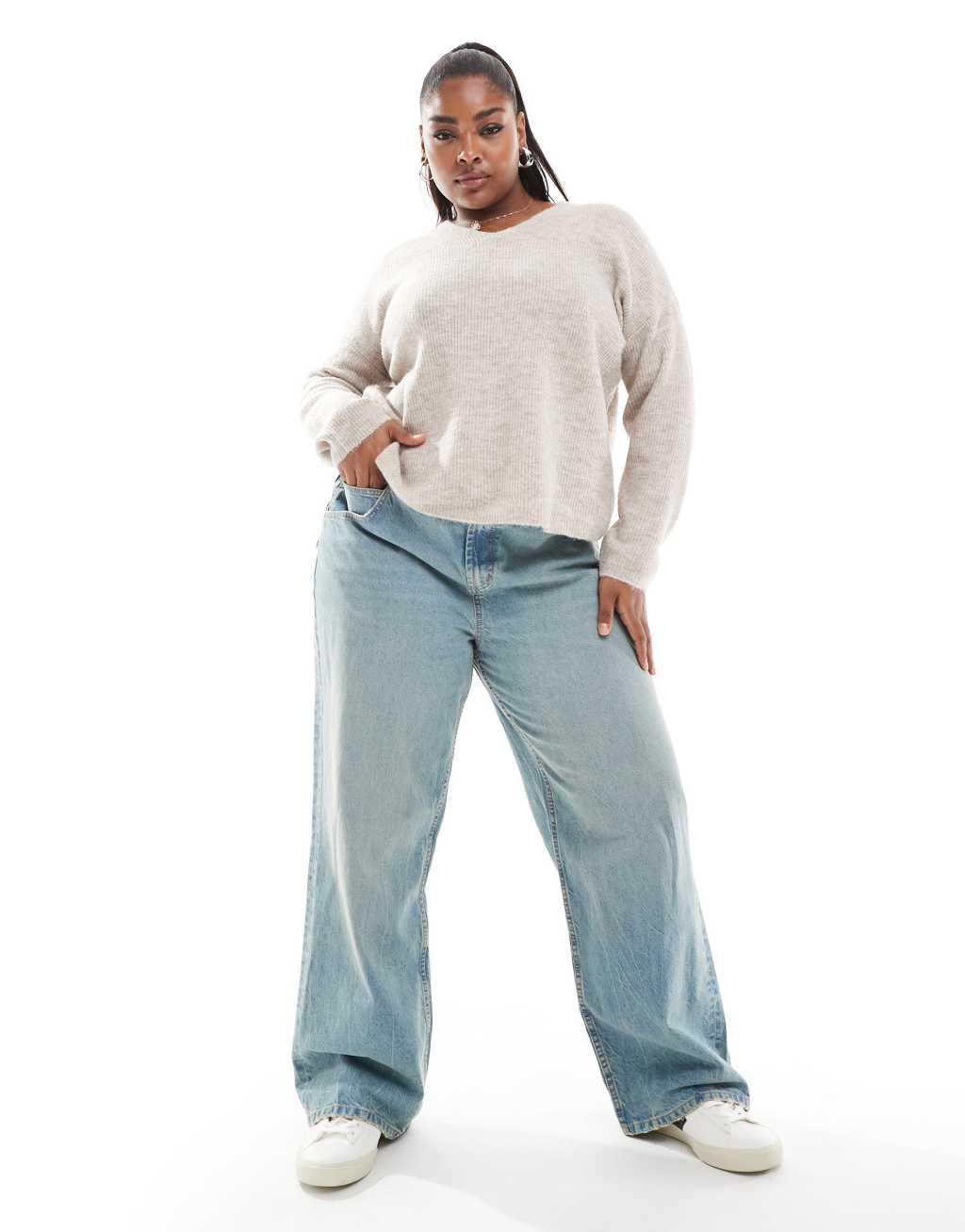 ONLY Curve v-neck sweater in stone Product Image