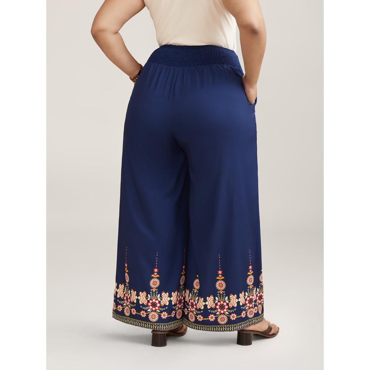 Plus Size Contrast Geo Print Hem Wide-Leg Pants Women Indigo Resort Loose Mid Rise Vacation Pants BloomChic 10/M Product Image