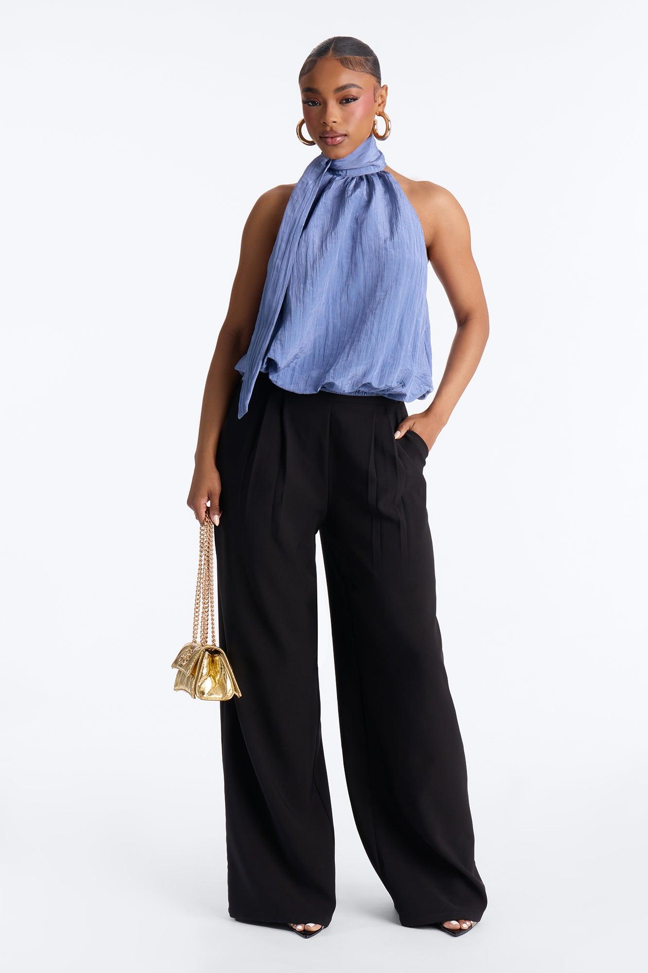 Stay Extra Scarf Plisse Top - Periwinkle Female Product Image