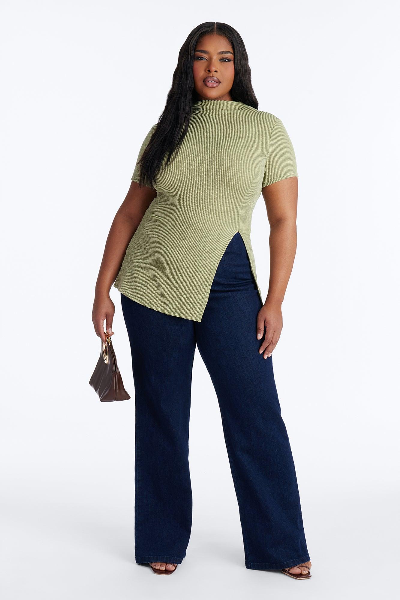 Ika Mock Neck Heavy Ribbed Short Sleeve Top - Chartreuse Female Product Image