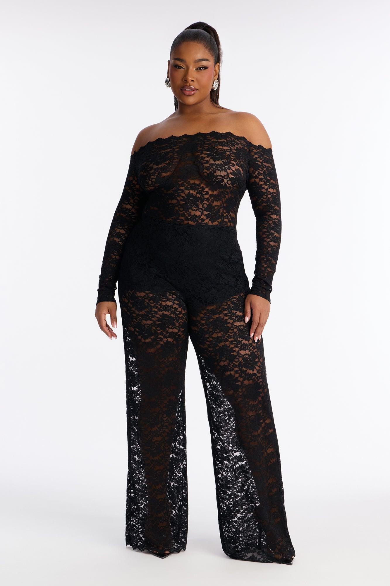 All Things Lace Off Shoulder Wide Leg Jumpsuit - Black Female Product Image