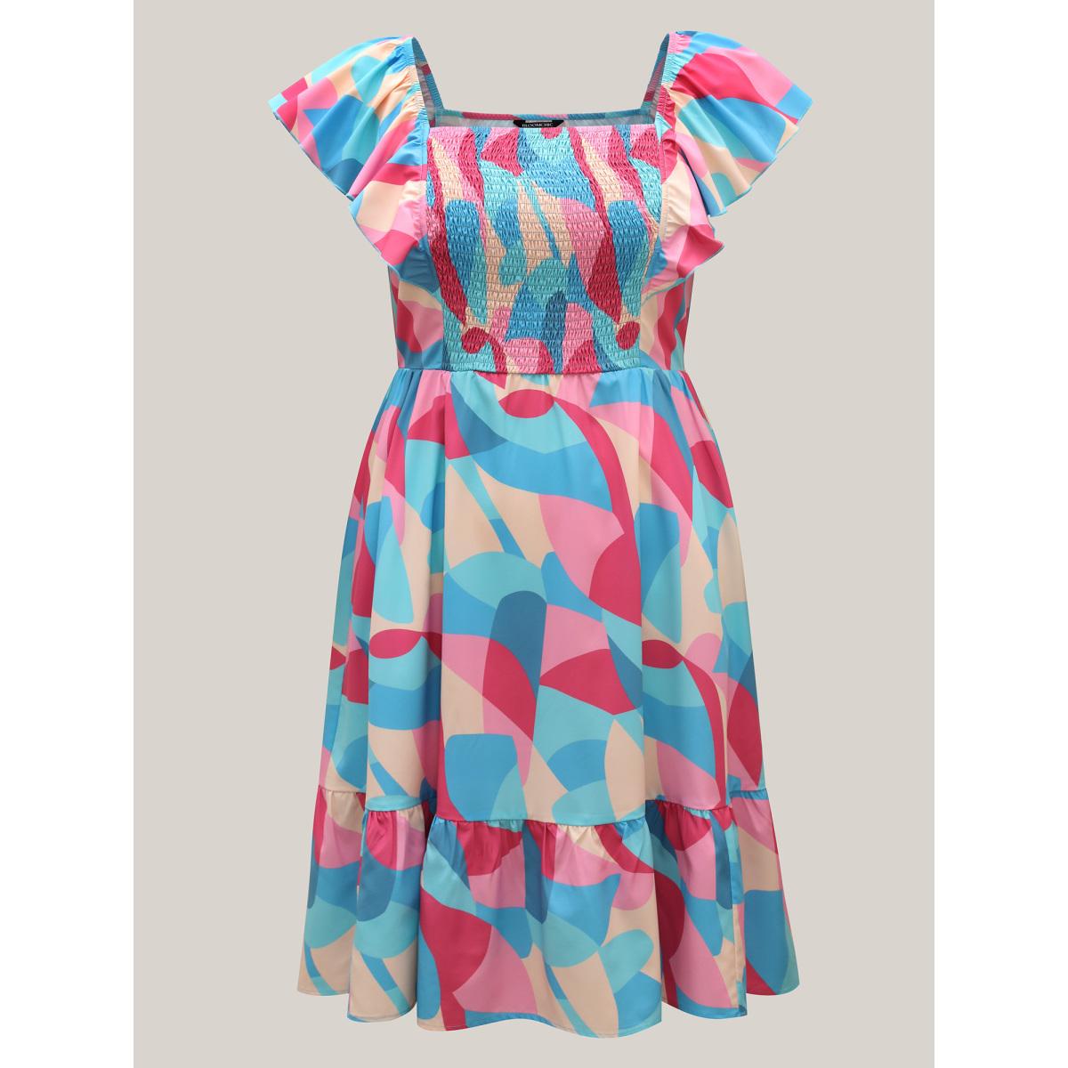 Plus Size Flutter Sleeve Color Block Shirred Stretchy Midi Dress Multicolor Women Casual Shirred Square Neck Cap Sleeve Curvy BloomChic 14-16/1X Product Image