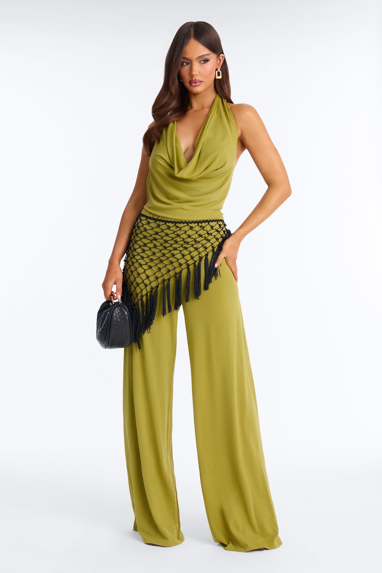 Ilaria Jumpsuit And Beaded Waist Scarf - Chartreuse Female Product Image