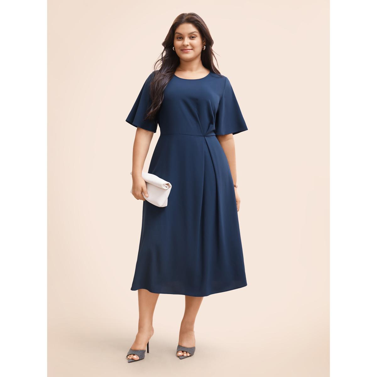 Plus Size Plain Round Neck Plicated Detail Dress Indigo Women Office Pleated Round Neck Half Sleeve Curvy BloomChic 10/M Product Image