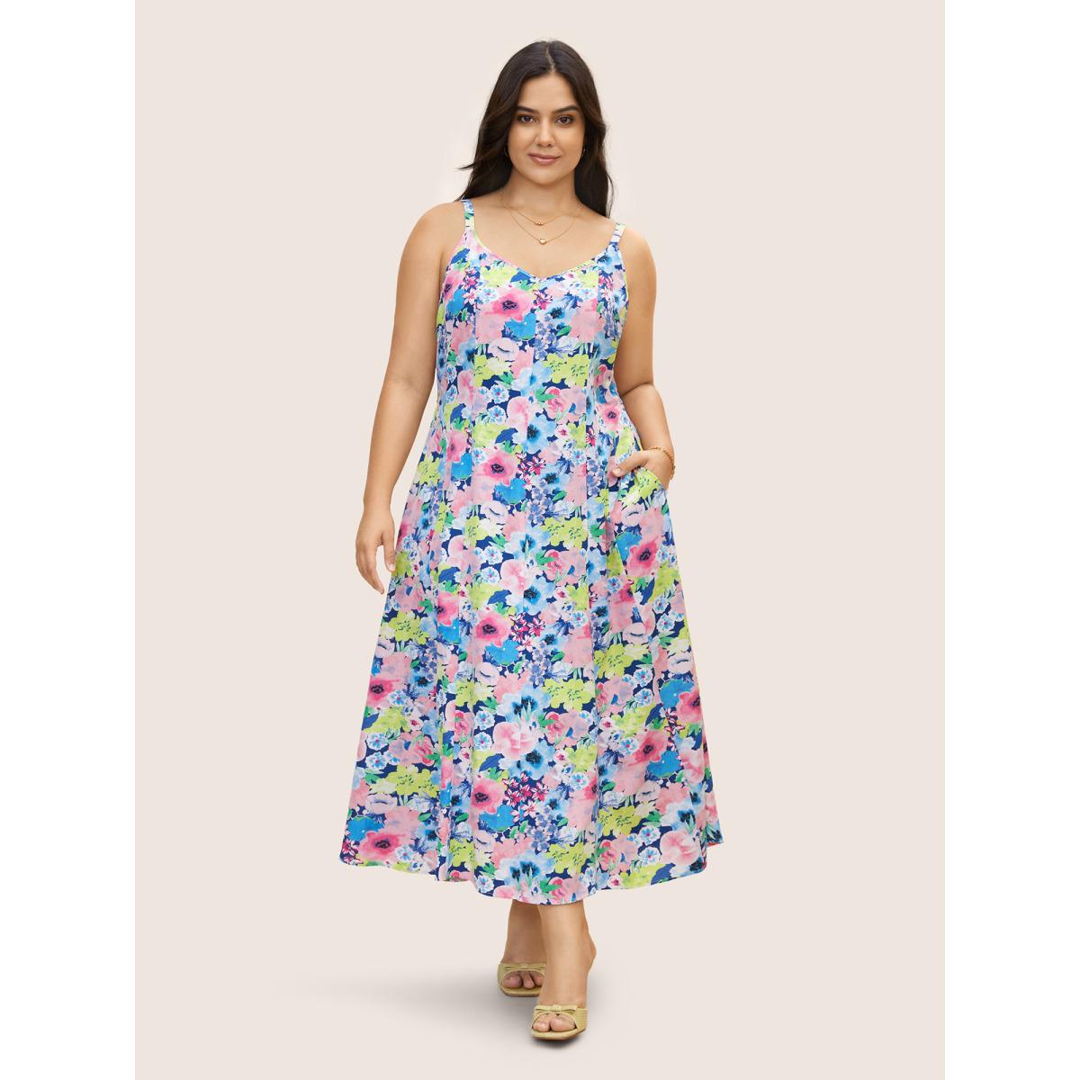 Plus Size V Neck Watercolor Floral Pleated Maxi Dress Brightblue Women Elegant Non V-neck Sleeveless Curvy BloomChic 26/4X Product Image