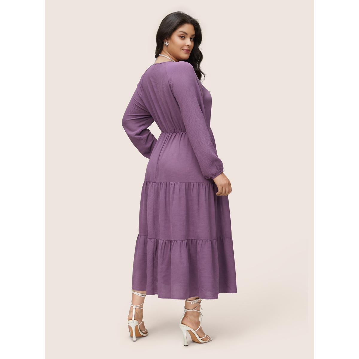 Plus Size Solid Ruched Raglan Sleeve Layered Hem Dress Mauve Women Elegant Elastic cuffs V-neck Long Sleeve Curvy Midi Dress BloomChic 12/L Product Image