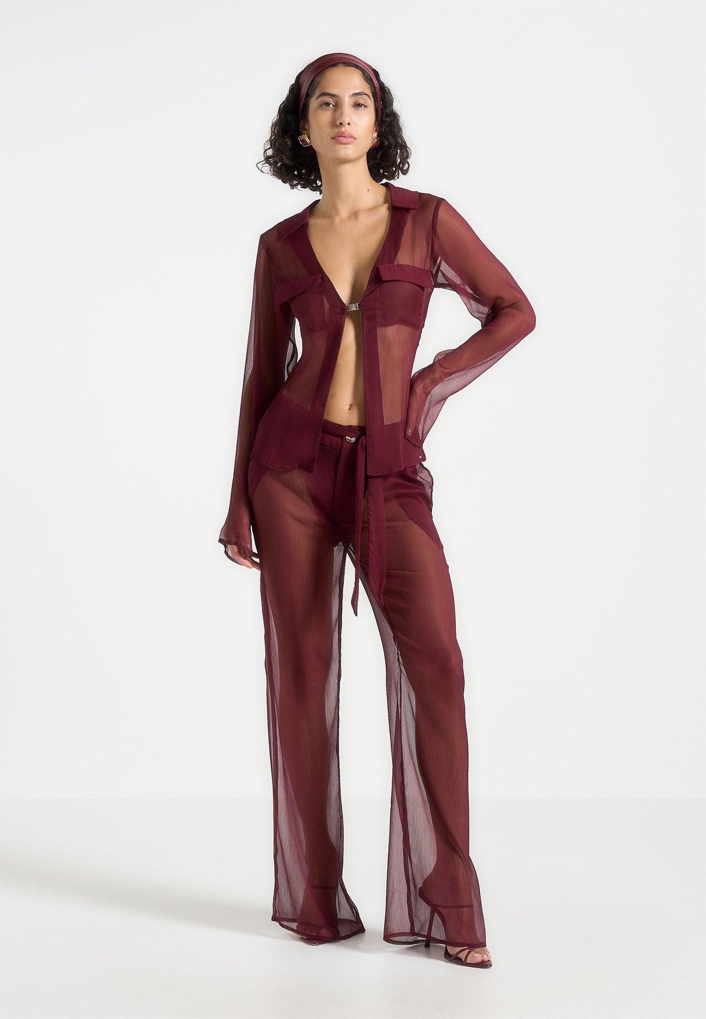 Sheer Belted Trousers - Wine Red Female Product Image