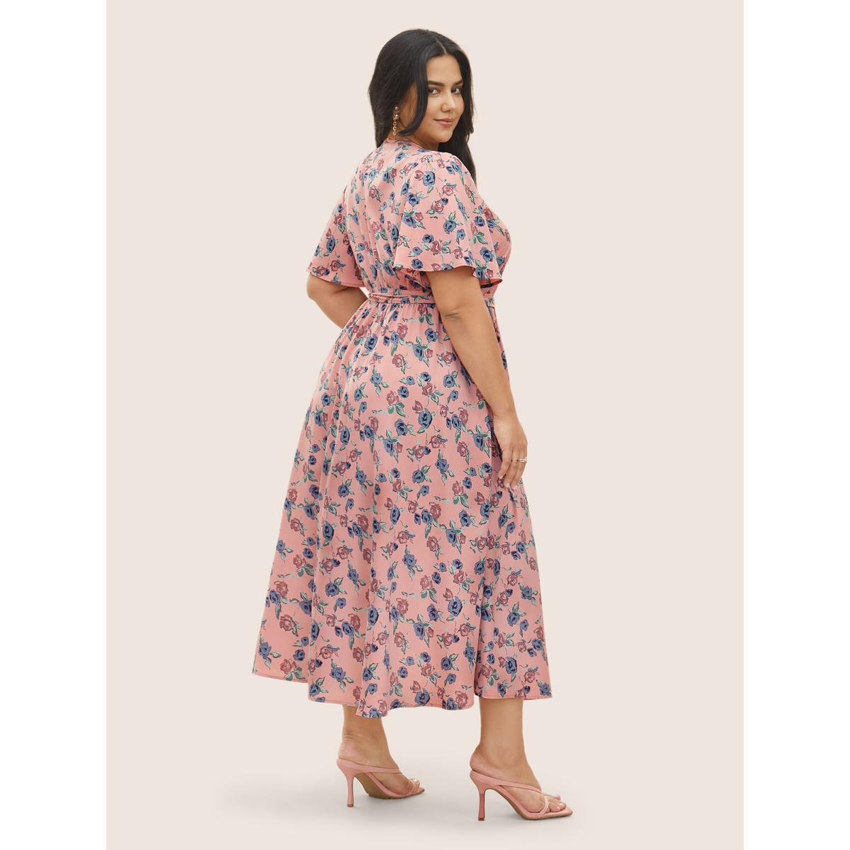Plus Size Floral Print V Neck Pleated Belted Dress Rouge Women Elegant Non V-neck Short sleeve Curvy Midi Dress BloomChic 18-20/2X Product Image