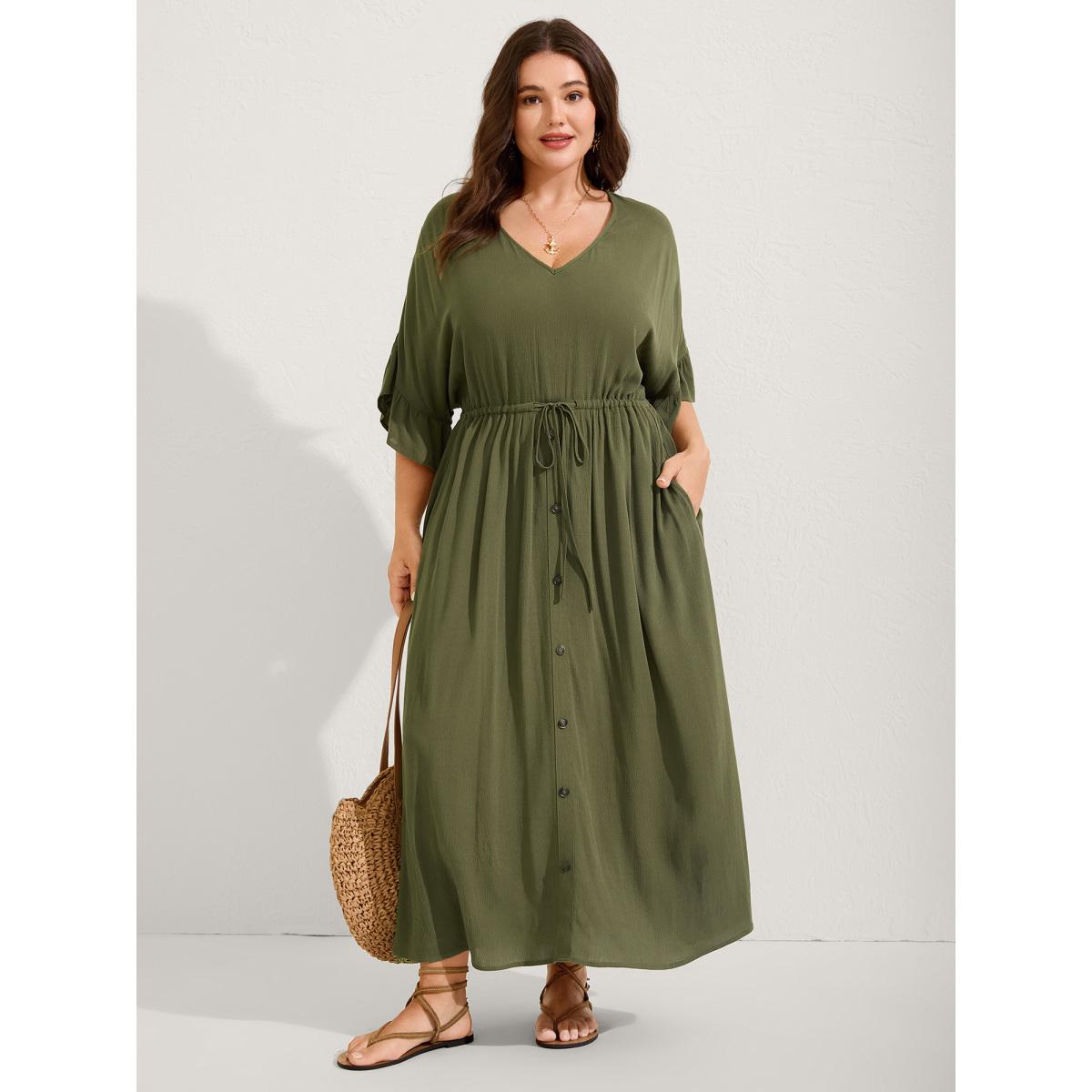 Plus Size Waist-Defining Tie Ruffled Sleeve Midi Dress ArmyGreen Women Boho V-neck Half Sleeve Curvy BloomChic 22-24/3X Product Image
