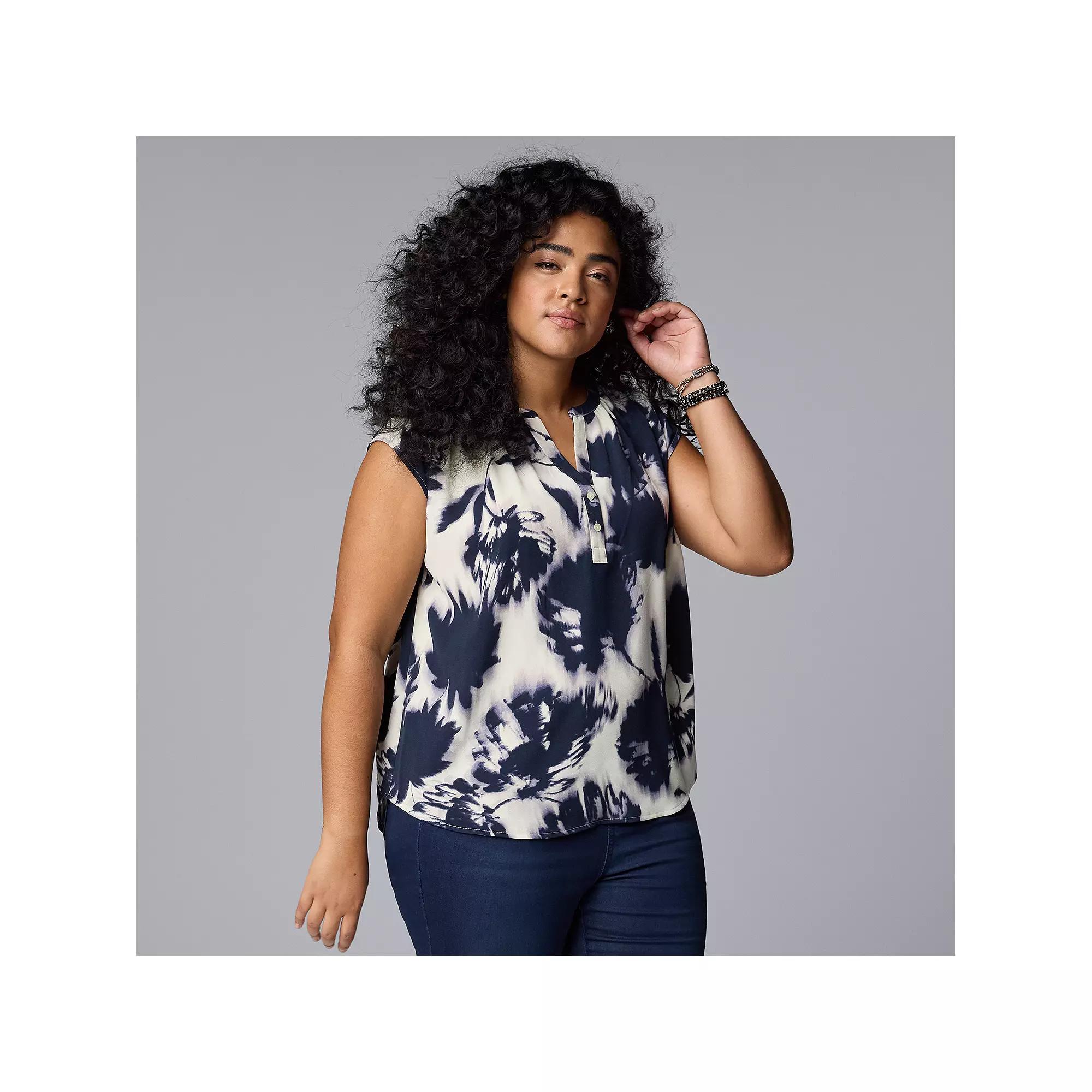 Plus Size Simply Vera Vera Wang Short Dolman Sleeve Popover Blouse, Women's, Size: 0X, Beige Navy Floral Product Image