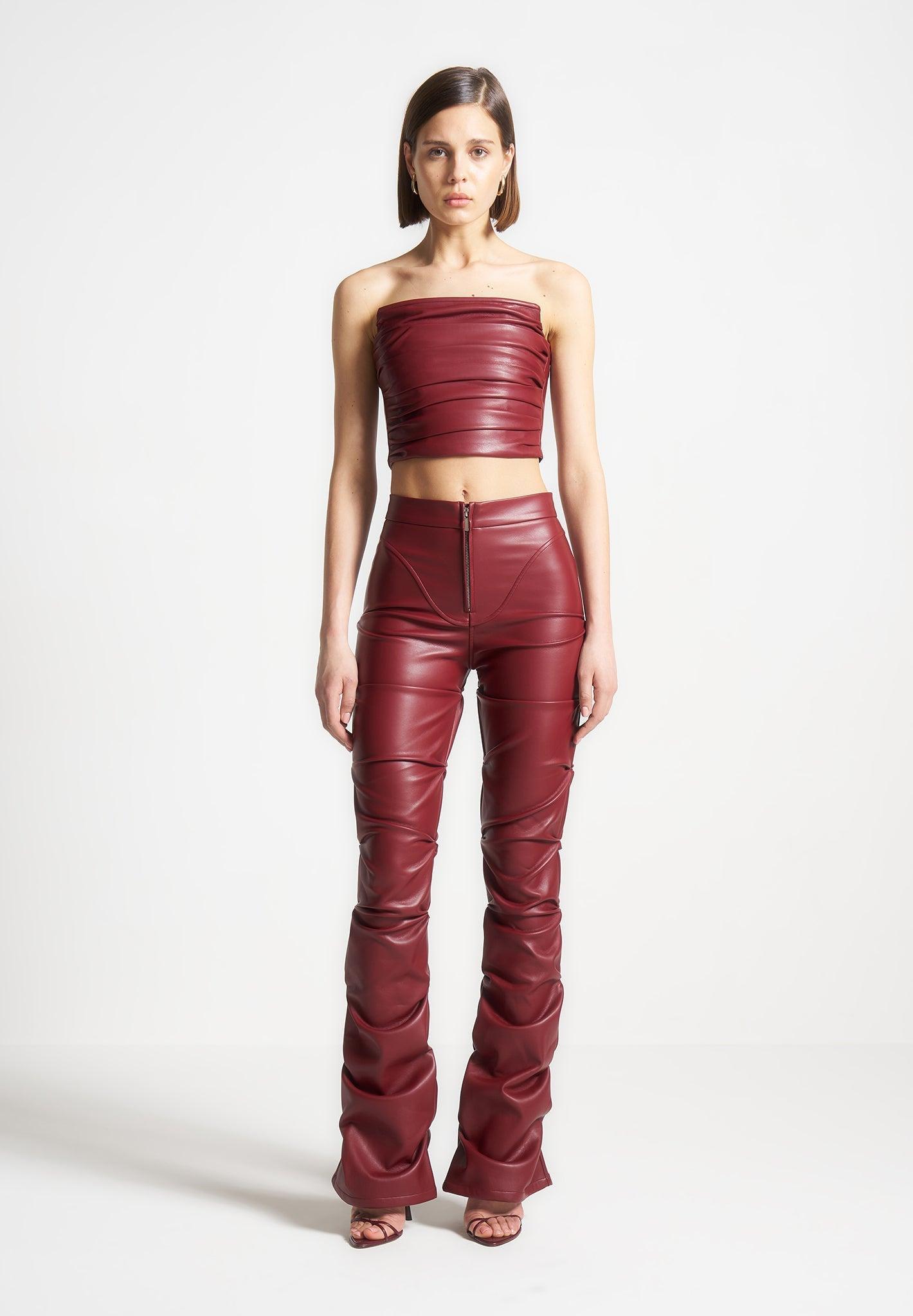 Pleated Bandeau Leather Corset Top - Wine Red Female Product Image