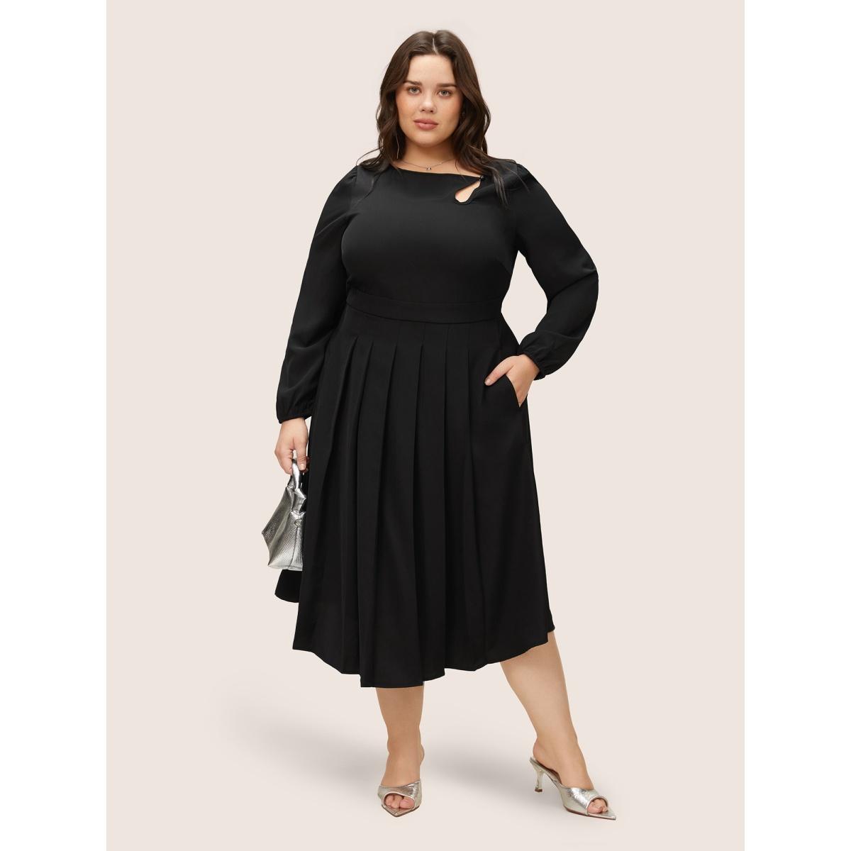 Plus Size Anti-Wrinkle Asymmetrical Neck Keyhole Pleated Hem Dress Black Women At the Office Non Asymmetrical Neck Long Sleeve Curvy Midi Dress BloomChic 10/M Product Image
