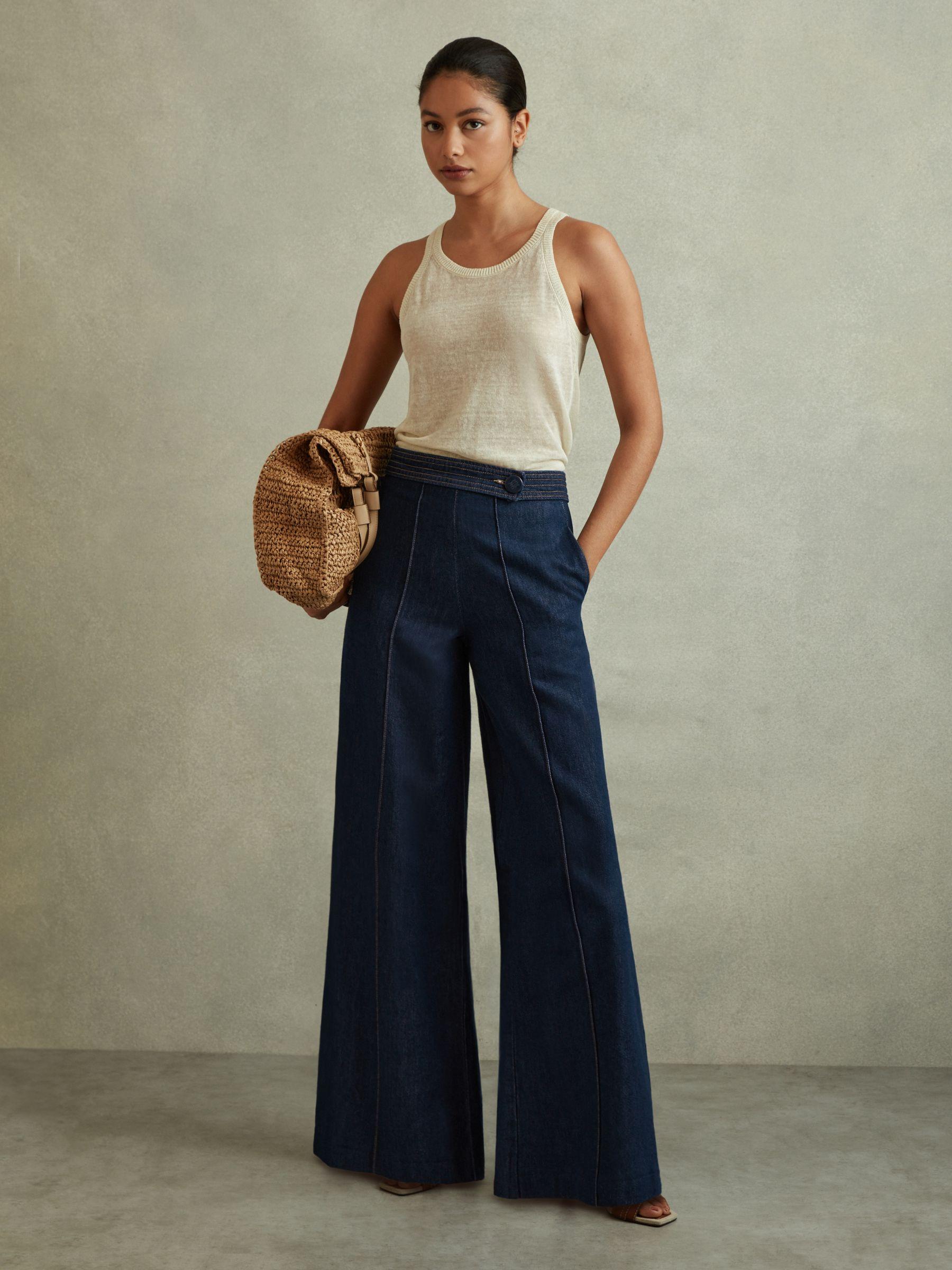 Belted Wide Leg Jeans in Dark Blue Product Image