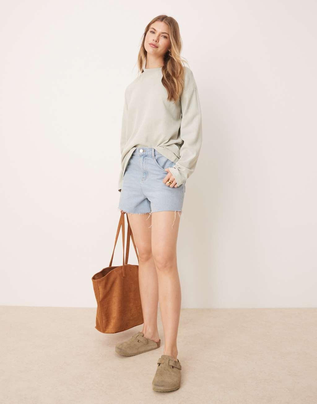 ASOS DESIGN waffle knit long sleeve skater tee in washed sage Product Image