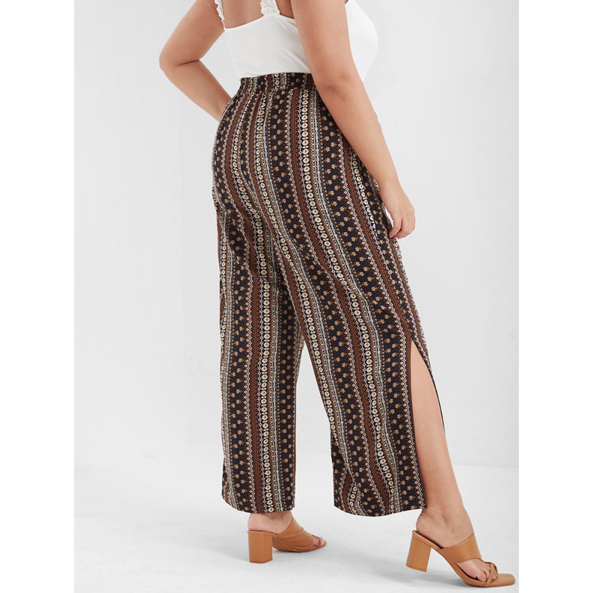 Plus Size Ditsy Floral Tassel Ties Front Pocket Split Pants Women Brown Vacation High Rise Dailywear Pants BloomChic 10/M Product Image