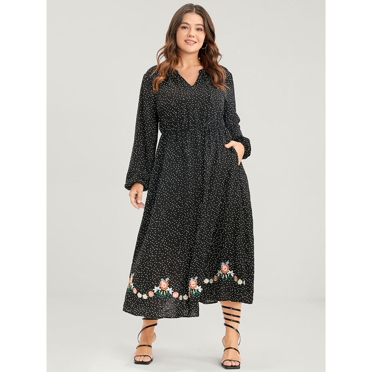 Plus Size Polka Dot Lantern Sleeve Pocket Embroidered Detail Dress Black Women Vacation Embroidered V-neck Long Sleeve Curvy Midi Dress BloomChic 12/L Product Image