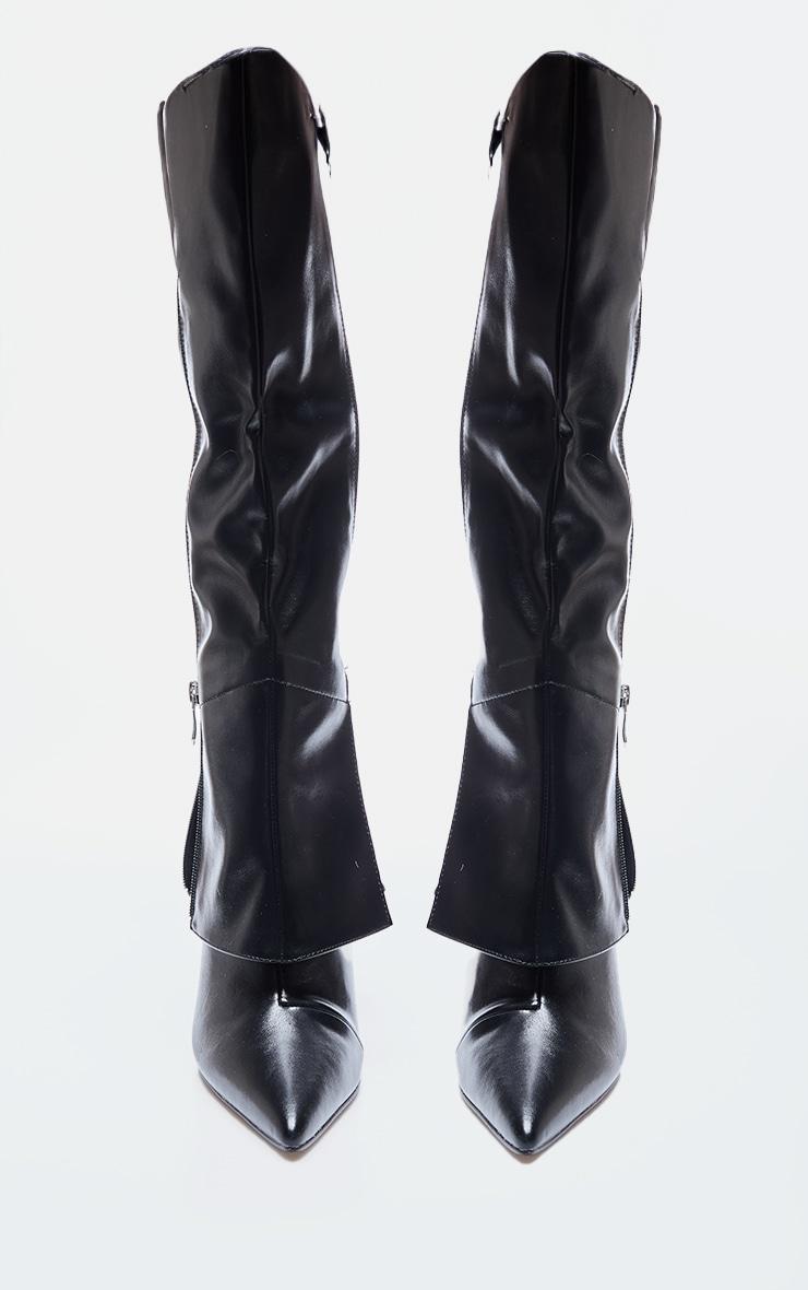 Black PU Point Toe Fold Over Zip Detail High Stiletto Heeled Boots Product Image