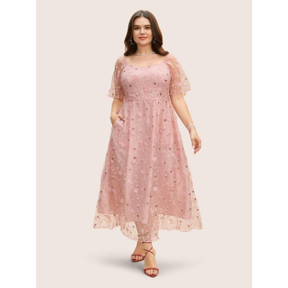 Plus Size Heart Neckline Floral Embroidered Sequin Mesh Dress Watermelon Women Formal Texture Heart neckline Half Sleeve Curvy BloomChic 10/M Product Image